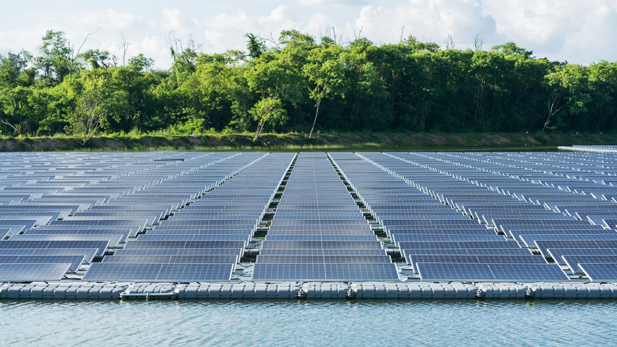 Floating solar panels providing green energy. Renewable energy.