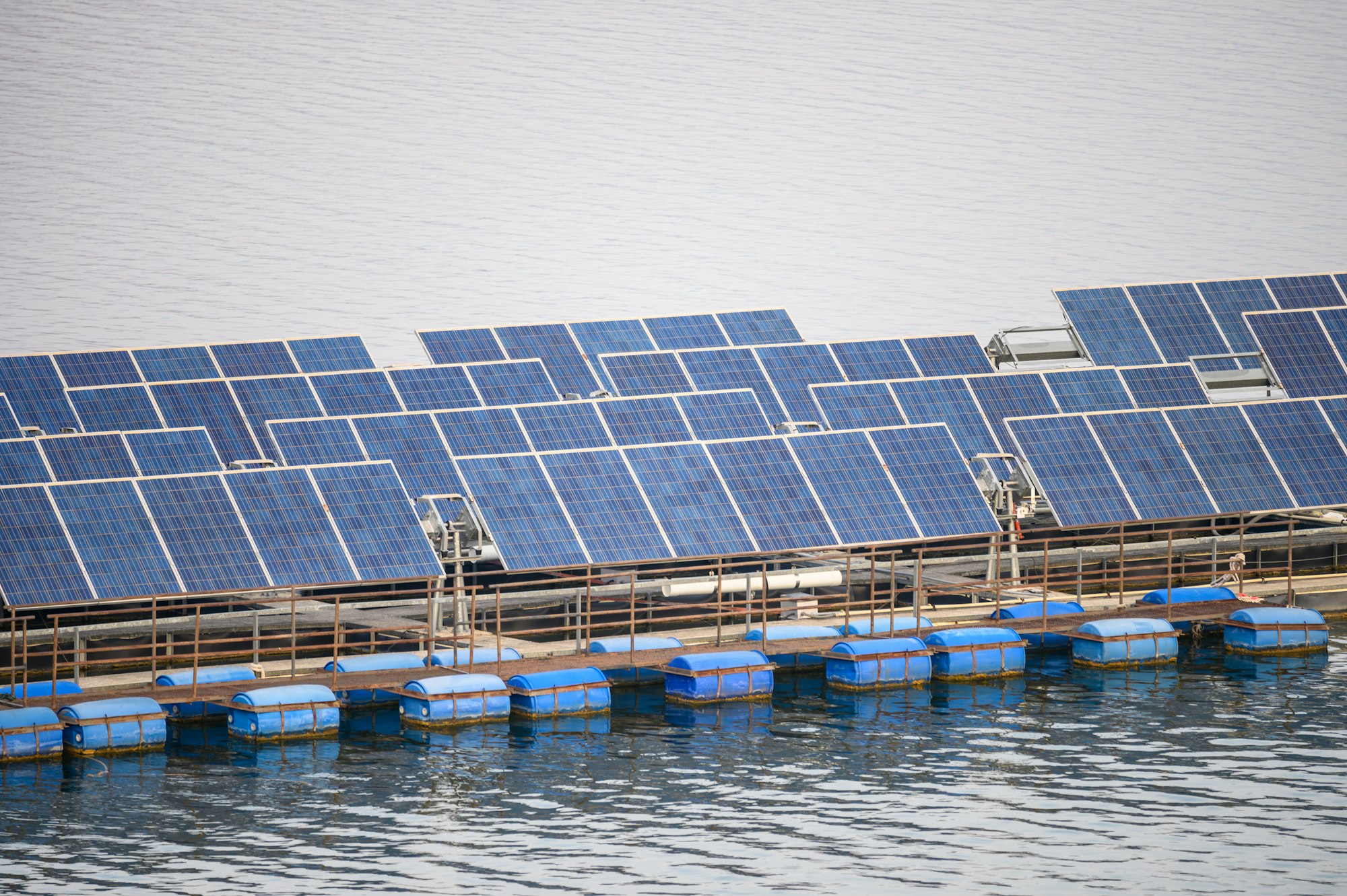 Solar cell system panel renewable power floating on dam